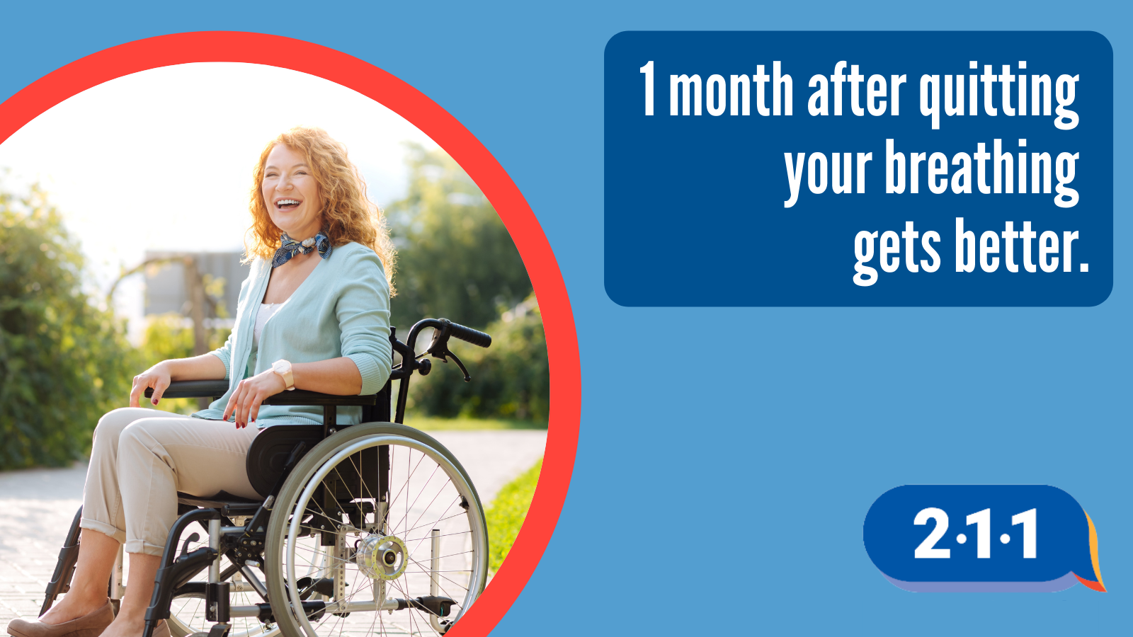Image of person in wheelchair and text: 1 month after quitting your breathing gets better. 2-1-1